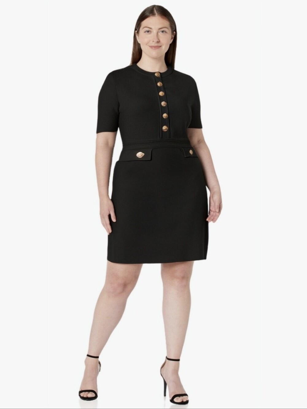 MEROKEETY Women's Summer Bodycon Black Sweater Dress With Gold Button Detail XL
